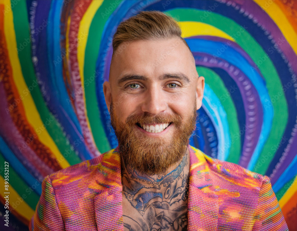 Obraz premium Psychedelic Portrait of a Giggling Man with Tattoos: Celebrating LGBT Pride and Self-Expression