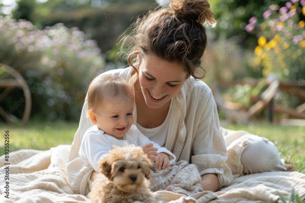 A joyful moment of a mother and her baby playing with their adorable dog in a bright and colorful flower garden, illustrating family bond and happiness. A joyful moment of a mother and her baby playing with their adorable dog in a bright and colorful flower garden, illustrating family bond and happiness.