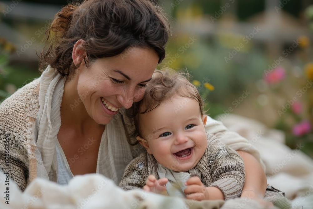 Mother and baby smiling happily together in a sunlit outdoor scene, capturing the beauty of their bond and the joy and serenity of their special moments together. Mother and baby smiling happily together in a sunlit outdoor scene, capturing the beauty of their bond and the joy and serenity of their special moments together.
