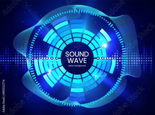 Blue vibrant gradient curve sound waves, radial music equalizer, audio impulse signal, vector banner electronic design