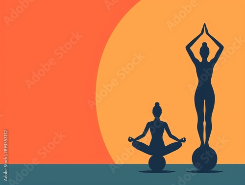 Abstract illustration of an Afro yogis silhouette with dynamic shapes representing movement and balance on a yoga ball, bold, abstract colors