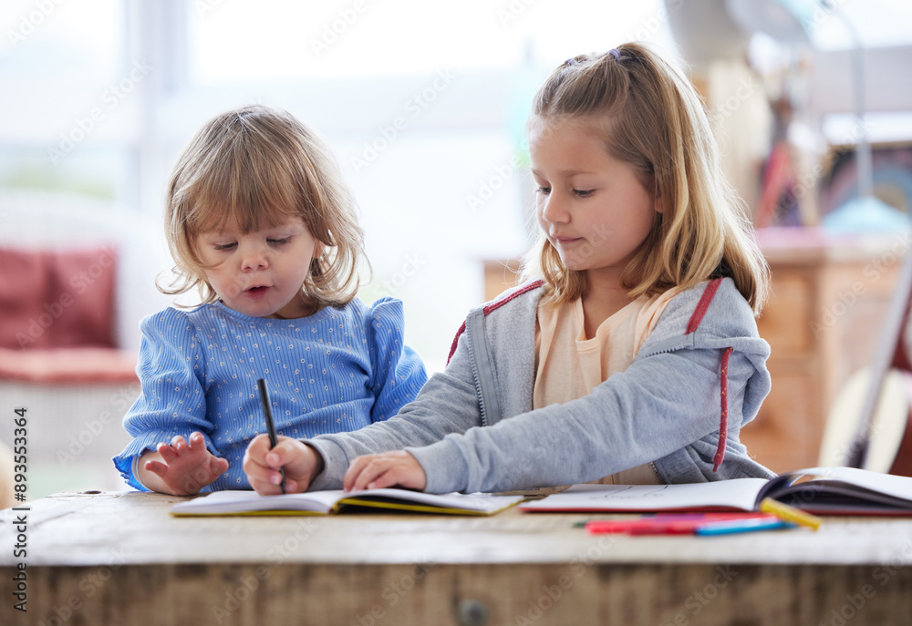 Children, writing and notebook together in home, education and learn with sister or child development or growth. Bonding, drawing and pencil on paper for sketch, creative skills and girl in apartment Children, writing and notebook together in home, education and learn with sister or child development or growth. Bonding, drawing and pencil on paper for sketch, creative skills and girl in apartment