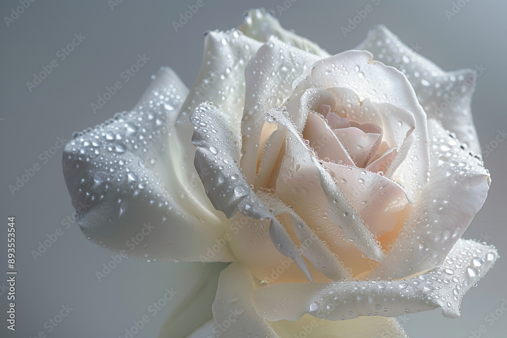 Fototapeta premium A close-up of a white rose covered in dewdrops, captured in soft lighting to highlight its delicate beauty.