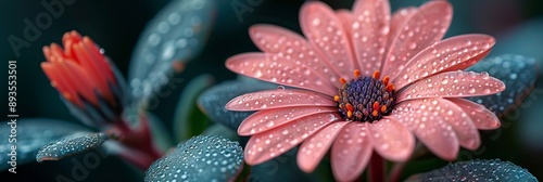 pink flowers with dew drop on green leaves background #893553501