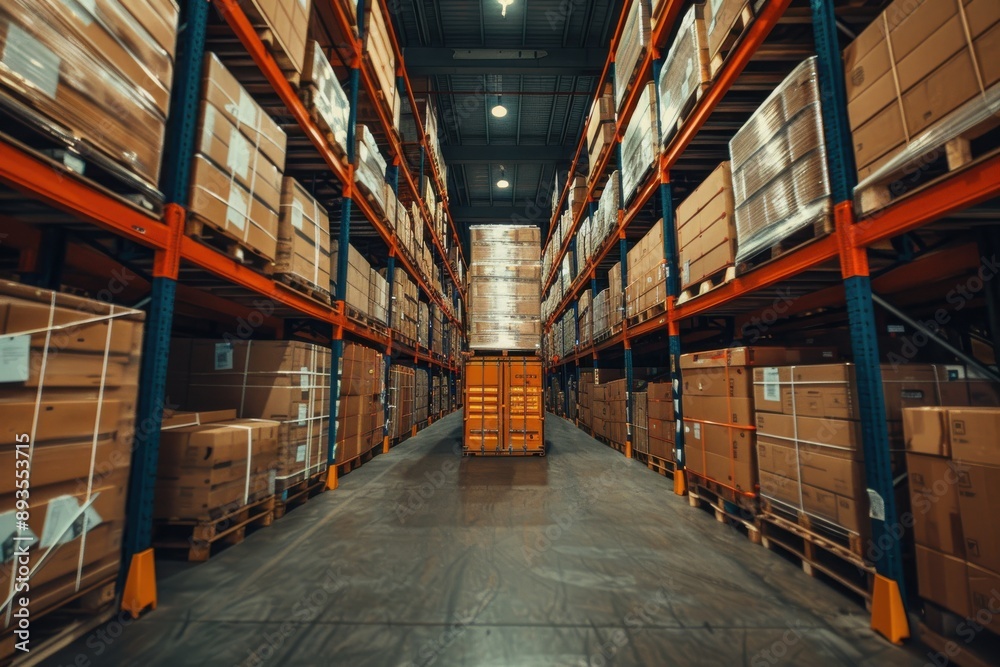 A long aisle in a warehouse featuring an orange container in the center, flanked by tall shelves loaded with neatly packed boxes, emphasizing storage organization. A long aisle in a warehouse featuring an orange container in the center, flanked by tall shelves loaded with neatly packed boxes, emphasizing storage organization.