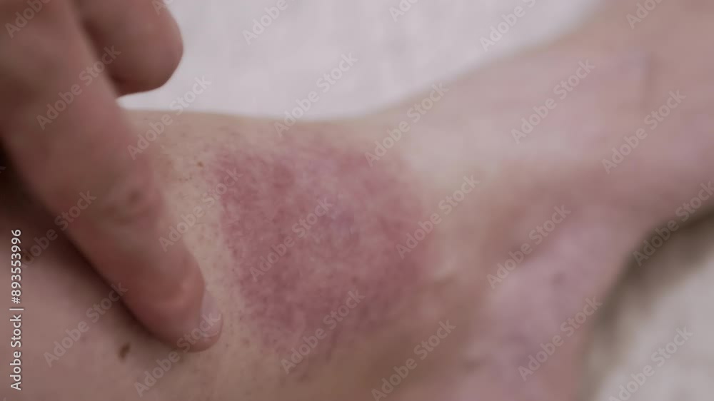Close up, Formation of a Large Red Spot on the Skin from a Tick Bite. Irritation, itching, swelling, infection, redness around skin of leg. Lyme disease. Insect, mosquito, encephalitis tick bite. Close up, Formation of a Large Red Spot on the Skin from a Tick Bite. Irritation, itching, swelling, infection, redness around skin of leg. Lyme disease. Insect, mosquito, encephalitis tick bite.