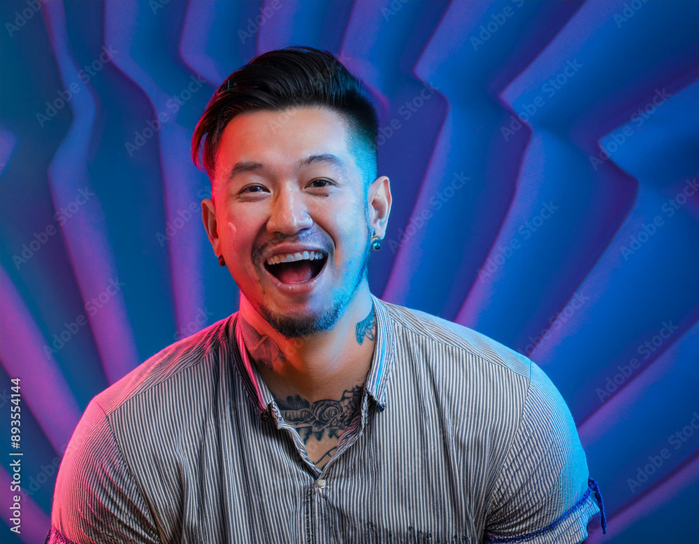Psychedelic Portrait of a Giggling Man with Tattoos: Celebrating LGBT Pride and Self-Expression