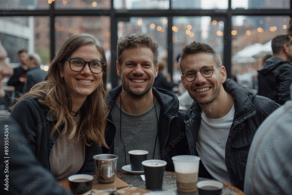 Three friends sit happily together at a trendy cafe, sharing coffee and laughter while immersed in a vibrant and welcoming atmosphere with city views in the background. Three friends sit happily together at a trendy cafe, sharing coffee and laughter while immersed in a vibrant and welcoming atmosphere with city views in the background.
