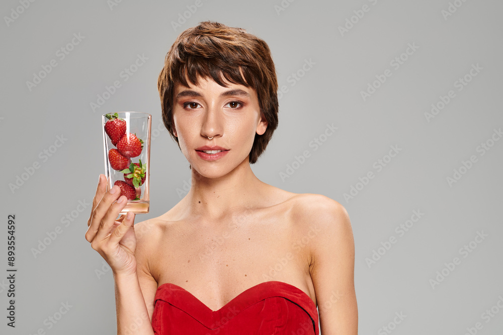Young woman in red dress holds glass of strawberries. Young woman in red dress holds glass of strawberries.