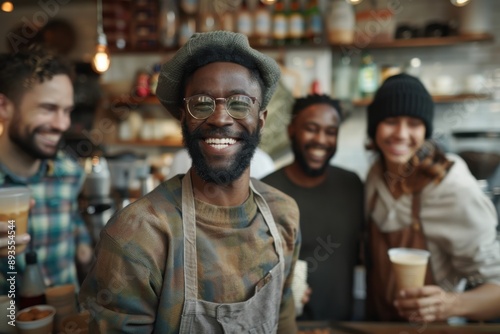 Wallpaper Mural Group of cheerful people working together behind the counter of a cozy coffee shop, creating an inviting and energetic atmosphere with a blend of lively interactions. Torontodigital.ca