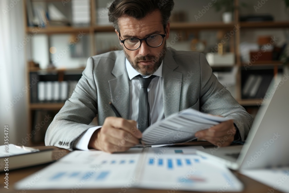 A businessman in a grey suit meticulously analyzes financial reports in a modern office, showcasing professionalism, diligence, and strategic planning. A businessman in a grey suit meticulously analyzes financial reports in a modern office, showcasing professionalism, diligence, and strategic planning.