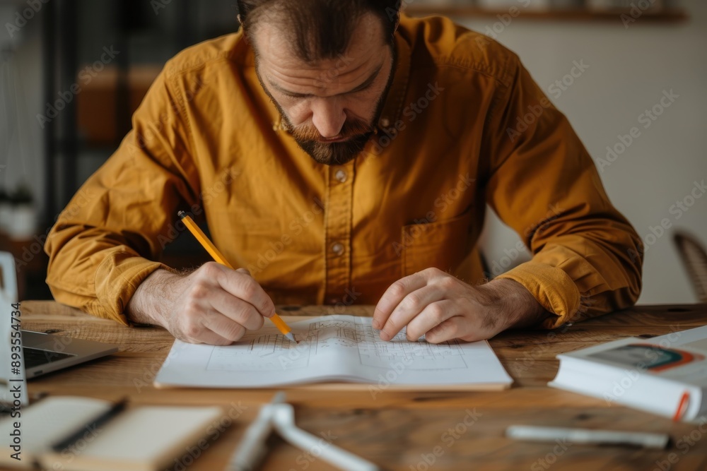 A person is working diligently on architectural drawings at a wooden desk, showcasing a focused and productive environment with essential office supplies scattered around. A person is working diligently on architectural drawings at a wooden desk, showcasing a focused and productive environment with essential office supplies scattered around.
