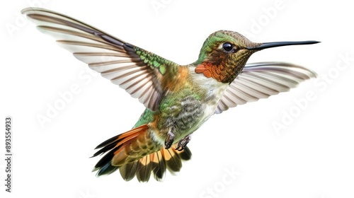 hummingbird in flight on white background