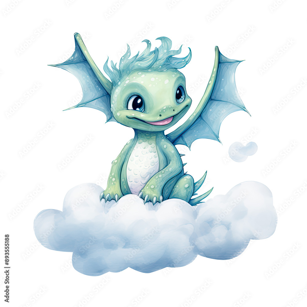 Fototapeta premium Cute Dragon Riding on a Cloud Clipart Illustration