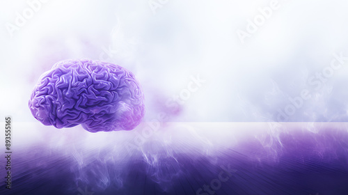 Alzheimer's and brain awareness month banner. Purple brain on a purple gradient background with copy space symbolizing brain health and Alzheimer's awareness