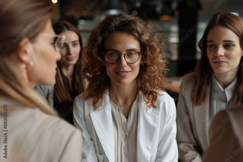A group of professional women, one in focus wearing glasses, engaged in a discussion in an office environment, symbolizing communication and leadership in a corporate setting. A group of professional women, one in focus wearing glasses, engaged in a discussion in an office environment, symbolizing communication and leadership in a corporate setting.