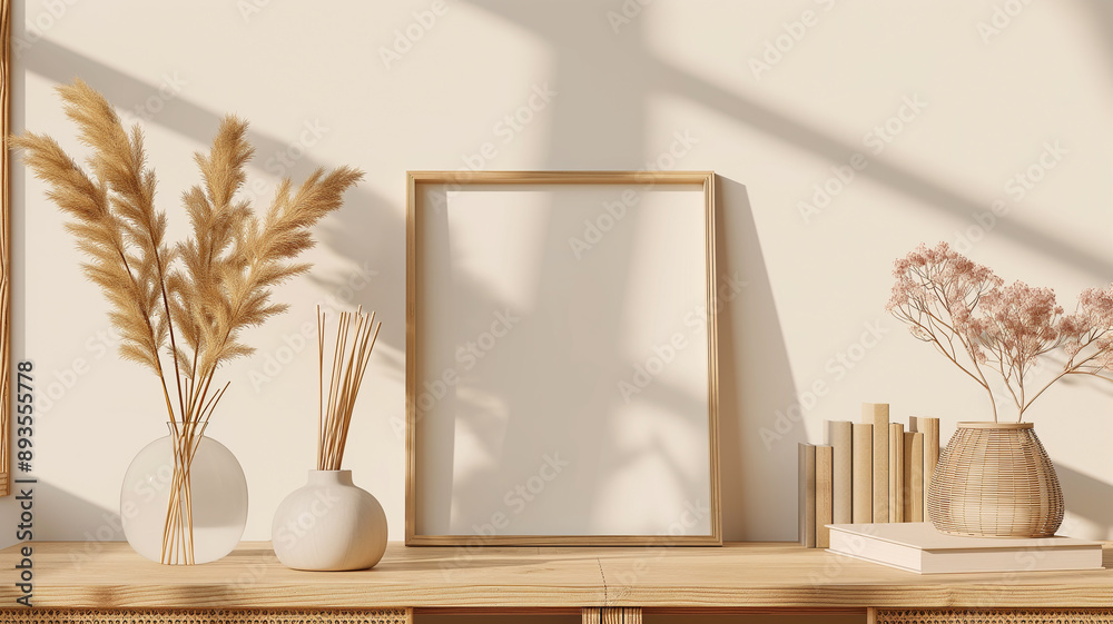 Minimalist Interior with Dried Flowers and Empty Frame Minimalist Interior with Dried Flowers and Empty Frame