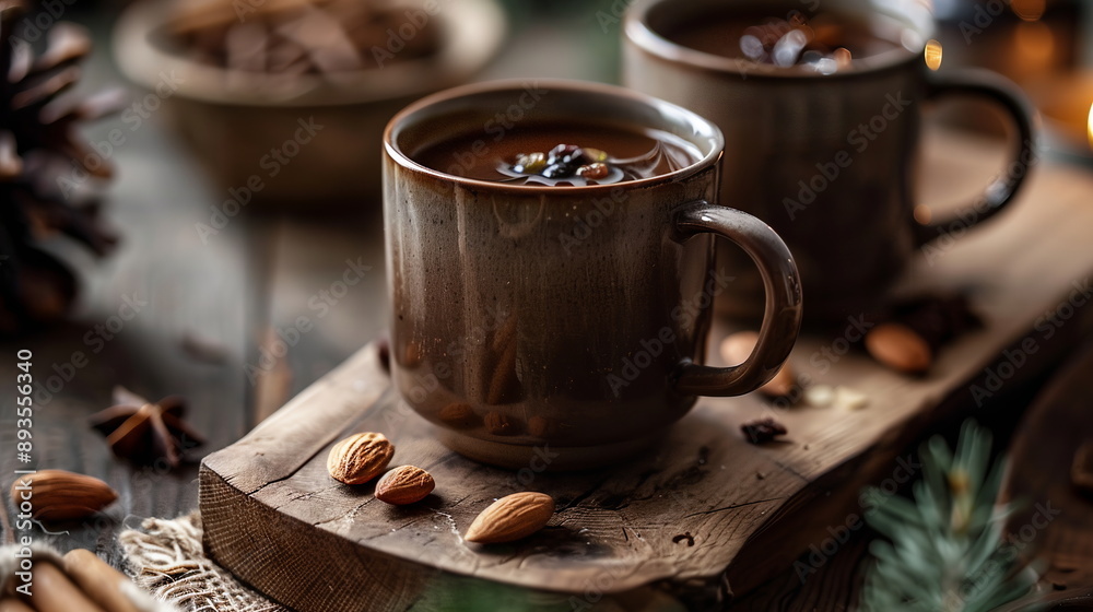 A Scandinavian glogg served in ceramic mugs, decorated with almonds and raisins floating on the surface. Festive atmosphere of Christmas and New Year A Scandinavian glogg served in ceramic mugs, decorated with almonds and raisins floating on the surface. Festive atmosphere of Christmas and New Year