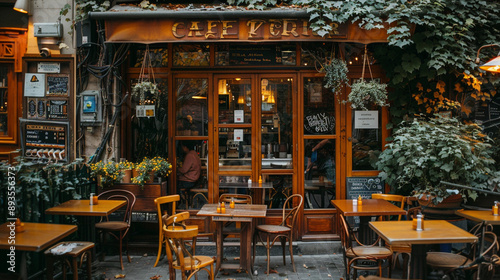 A charming cafe with outdoor seating in a Parisian neighborhood.
