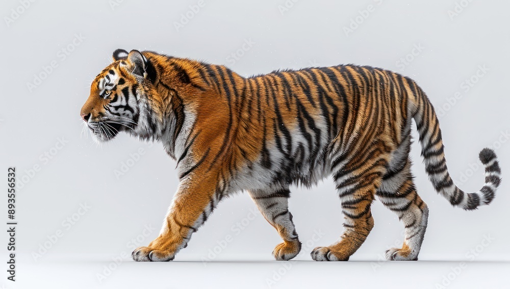 Obraz premium Striped Tiger Walking on a White Background