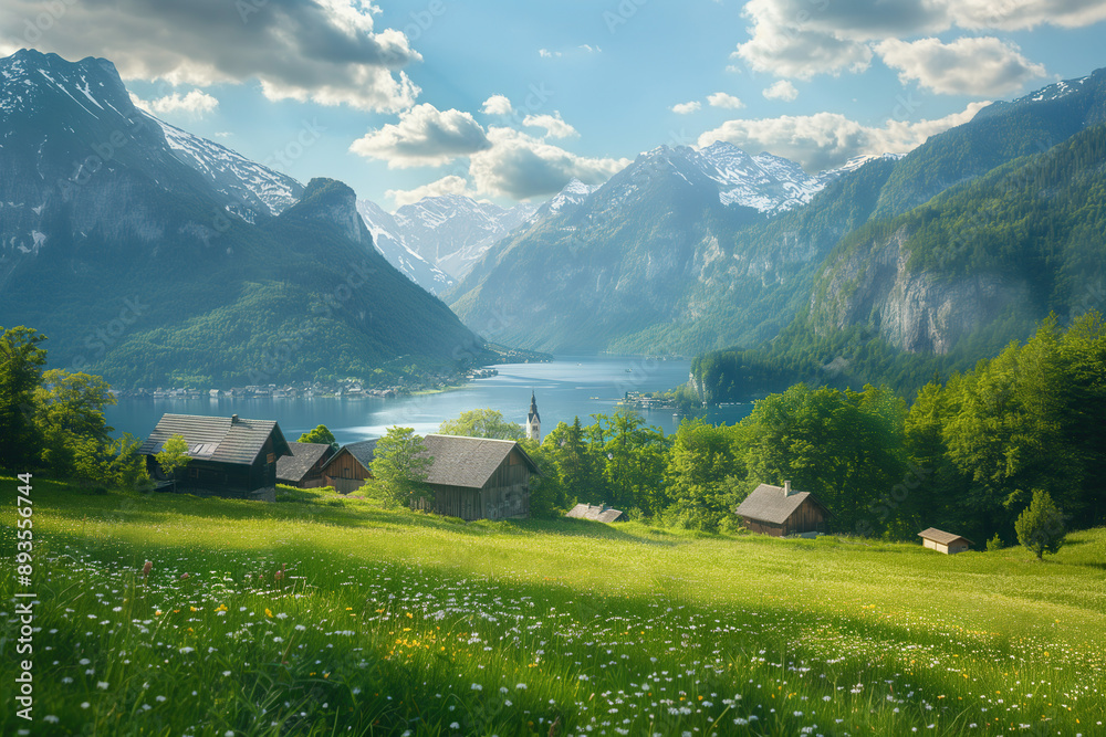Fototapeta premium landscape of austria, majestic mountains surrounding picturesque lake with small villages, blue sky with clouds, photorealistic // ai-generated