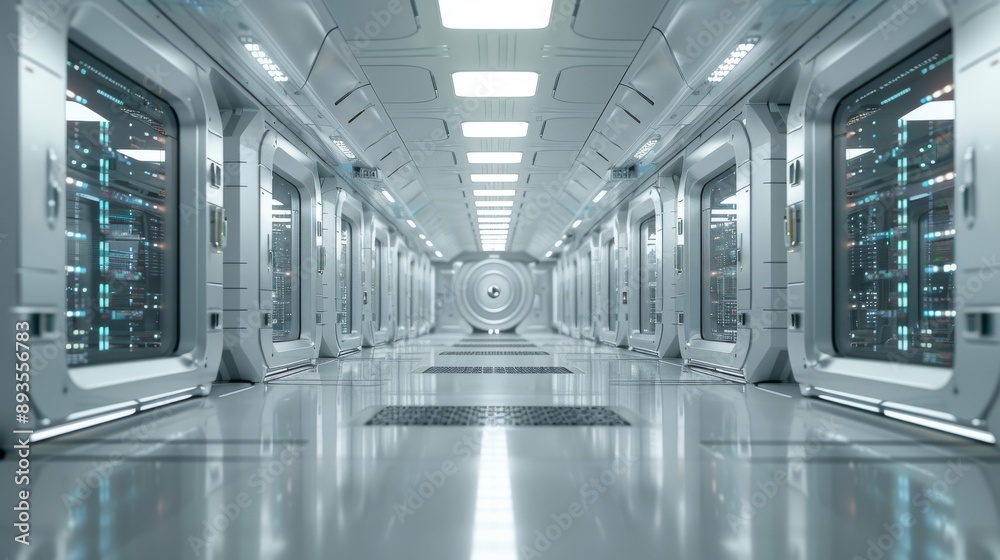 Naklejka premium modern futuristic interior of a high-tech server room with huge data volumes, data center, white color palette