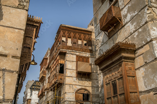 The Al-Balad, a historic Jeddah old town, known for beautiful architecture and wooden windows, UNESCO site, in Saudi Arabia.
