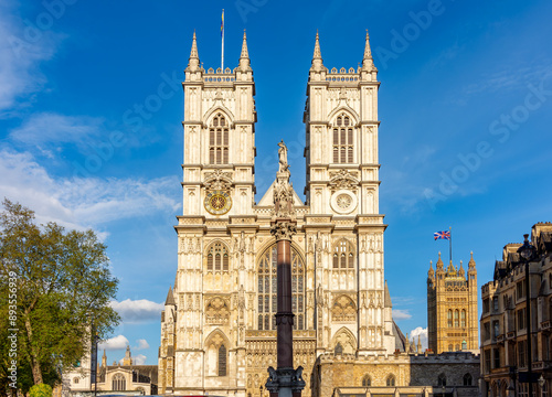 Westminster Abbey facade at sunset, London, UK