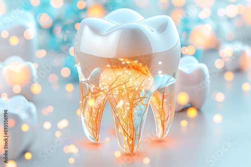 Hyper-realistic rendering of a tooth with exposed nerves causing intense pain, tooth pain, imitative presentation of nerve pain