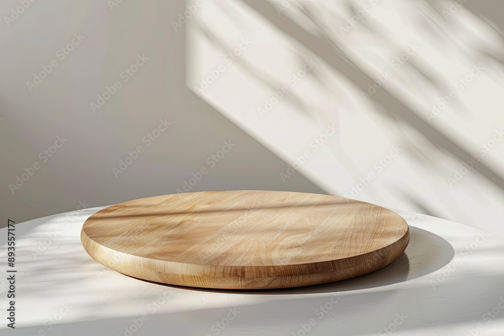 Empty beautiful round wood table top counter on interior in clean and bright with shadow background, Ready,white background, for product montage with generative ai Empty beautiful round wood table top counter on interior in clean and bright with shadow background, Ready,white background, for product montage with generative ai