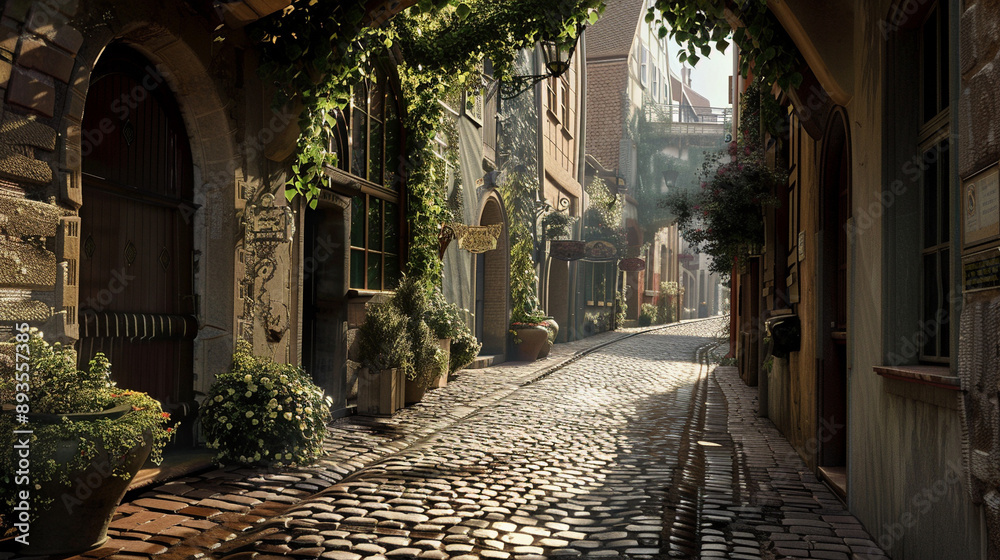 Obraz premium A quiet cobblestone alley in a historic European town.