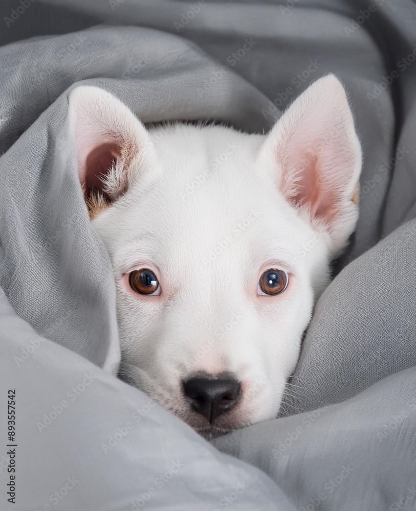 cute white puppy in bed portrait covered with blanket staring at camera. ai generative cute white puppy in bed portrait covered with blanket staring at camera. ai generative