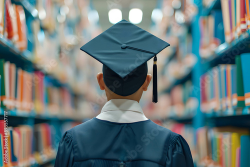 Person with graduation cap stands in a library, shows receipt of scholarship and financial support, learning future skills, learning about investing