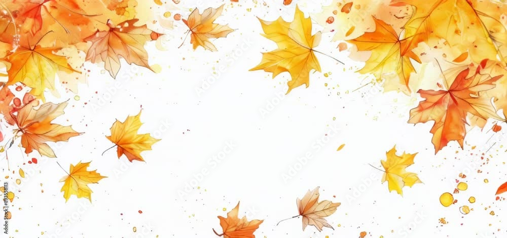Watercolor autumn leaves frame with orange and yellow maple leaves on white background