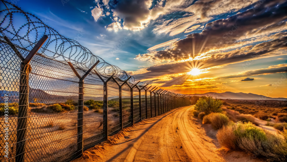 Desert Razor Wire Rugged barbed and razor wire fence stretches across desert landscape ...