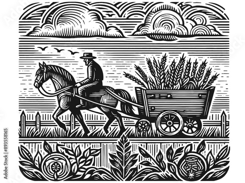 Village landscapes. Wheat field, a man rides a cart with a horse. Vintage generative ai vector.