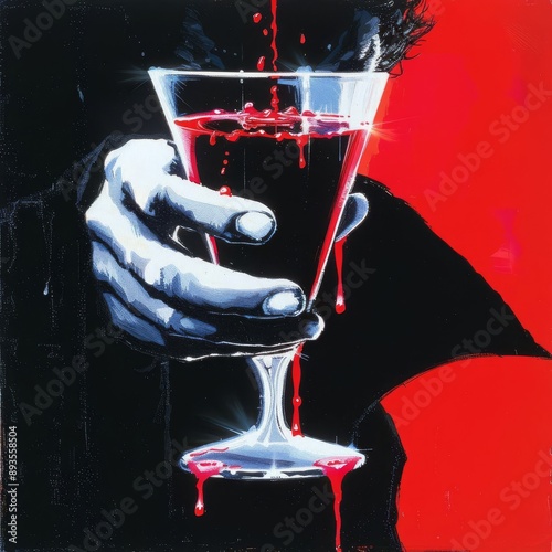 Enigmatic Elegance A Vampire Sips from a Crystal Goblet Overflowing with Blood Under the Moonlights Haunting Glow photo