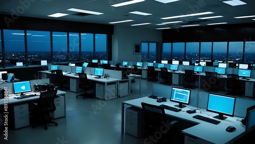 Empty office with city view at night. © Rusti_video & image
