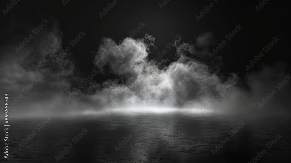 A dramatic scene of smoke rising above a dark reflective surface A dramatic scene of smoke rising above a dark reflective surface