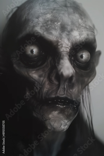 horror art, undead man with large eyes and long hair, zombie, pale grey skin, scary, dark fantasy, photorealistic // ai-generated