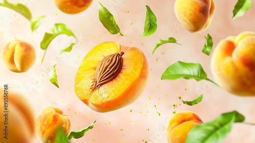 A dynamic display of a peach with a half slice and fresh green leaves soaring through the air, isolated on a pristine background. The fruita??s rich color and summer appeal   photo
