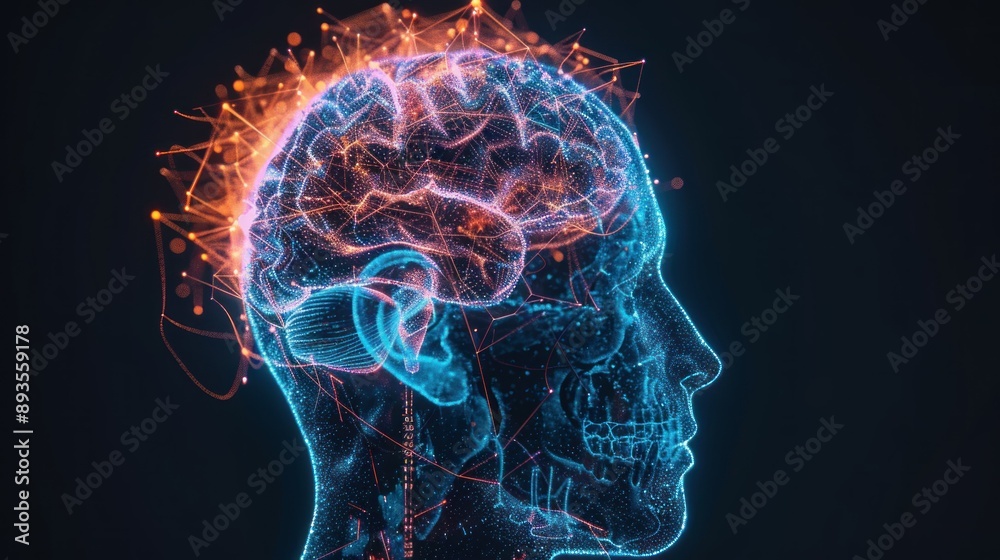 A Digital Representation Of A Human Brain And Skull Illuminated With Bright Blue And Orange Lights A Digital Representation Of A Human Brain And Skull Illuminated With Bright Blue And Orange Lights
