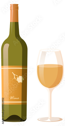 Wine bottle with glass isolated PNG. Bottle of white wine with wine glass