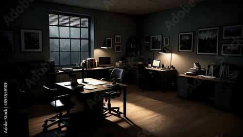 A dimly lit office space with desks and chairs, the only light coming from a desk lamp.