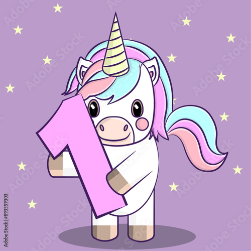 Cartoon Unicorn holding the number 1 for a 1st birthday card or party invitation