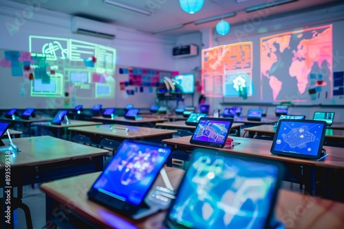 Wallpaper Mural A classroom equipped with augmented reality (AR) technology. Tablets and AR glasses are placed on desks, with holographic educational content projected into the air. Torontodigital.ca