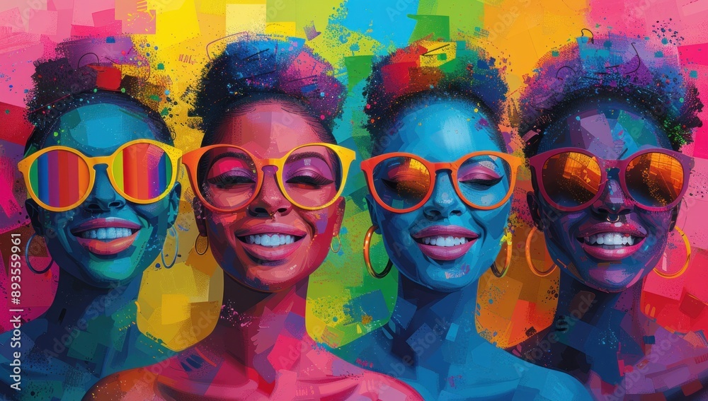 Obraz premium Four Vibrant Portraits of Women in Sunglasses