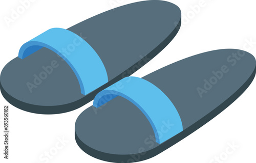 Simple pair of blue beach slippers standing on invisible floor, summer footwear for home or travel