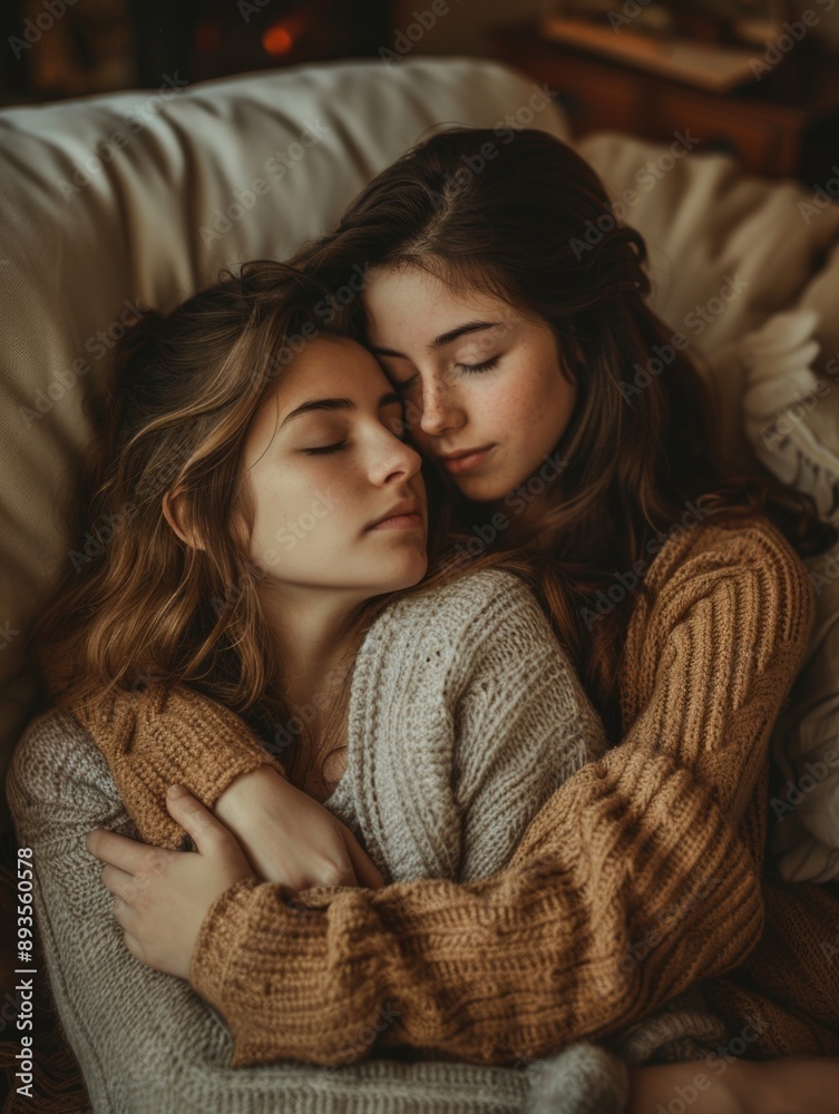 A pair of women relaxing on a bed A pair of women relaxing on a bed