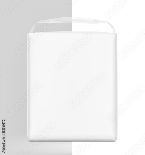 Stand bag with handle mockup. Vector illustration isolated on grey and white background. Ready for your design. Suite for the presentation of diaper, wet wipes, foods, household, etc. EPS10.